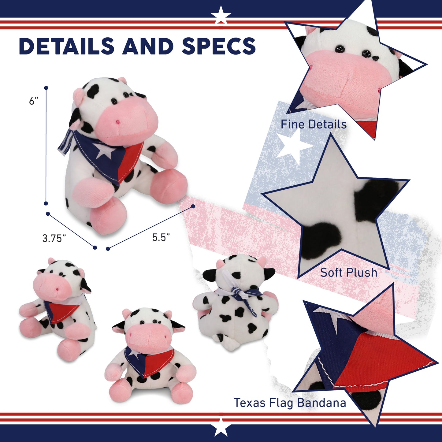 6" PLUSH - COW WITH TEXAS FLAG BANDANA
