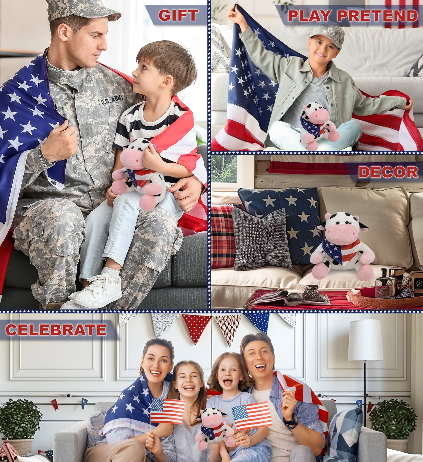 6" PLUSH - COW WITH USA FLAG BANDANA