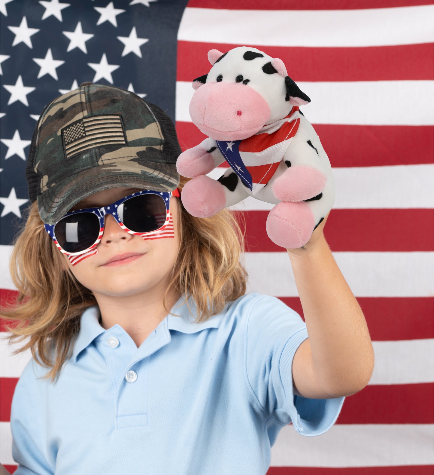 6" PLUSH - COW WITH USA FLAG BANDANA