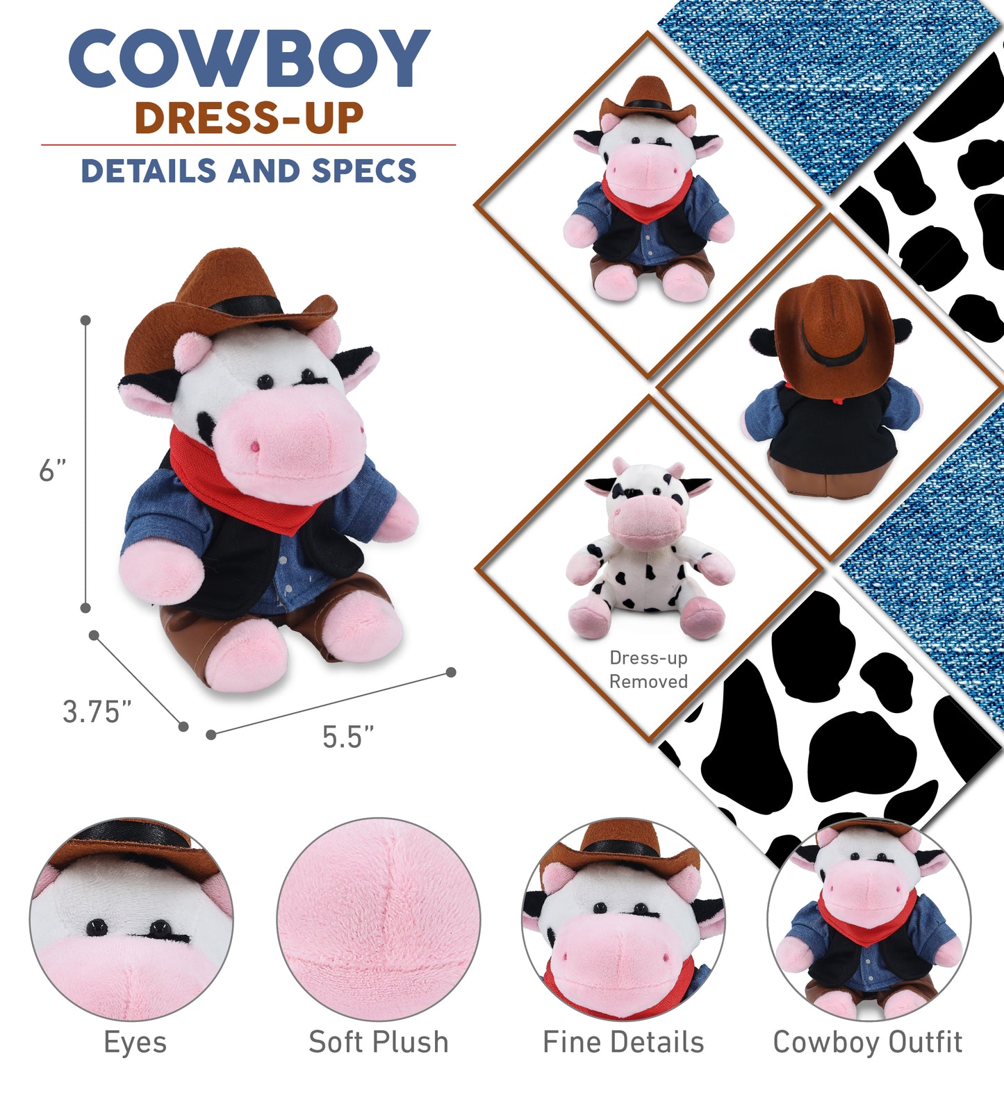 6" PLUSH - COW COWBOY DRESS UP