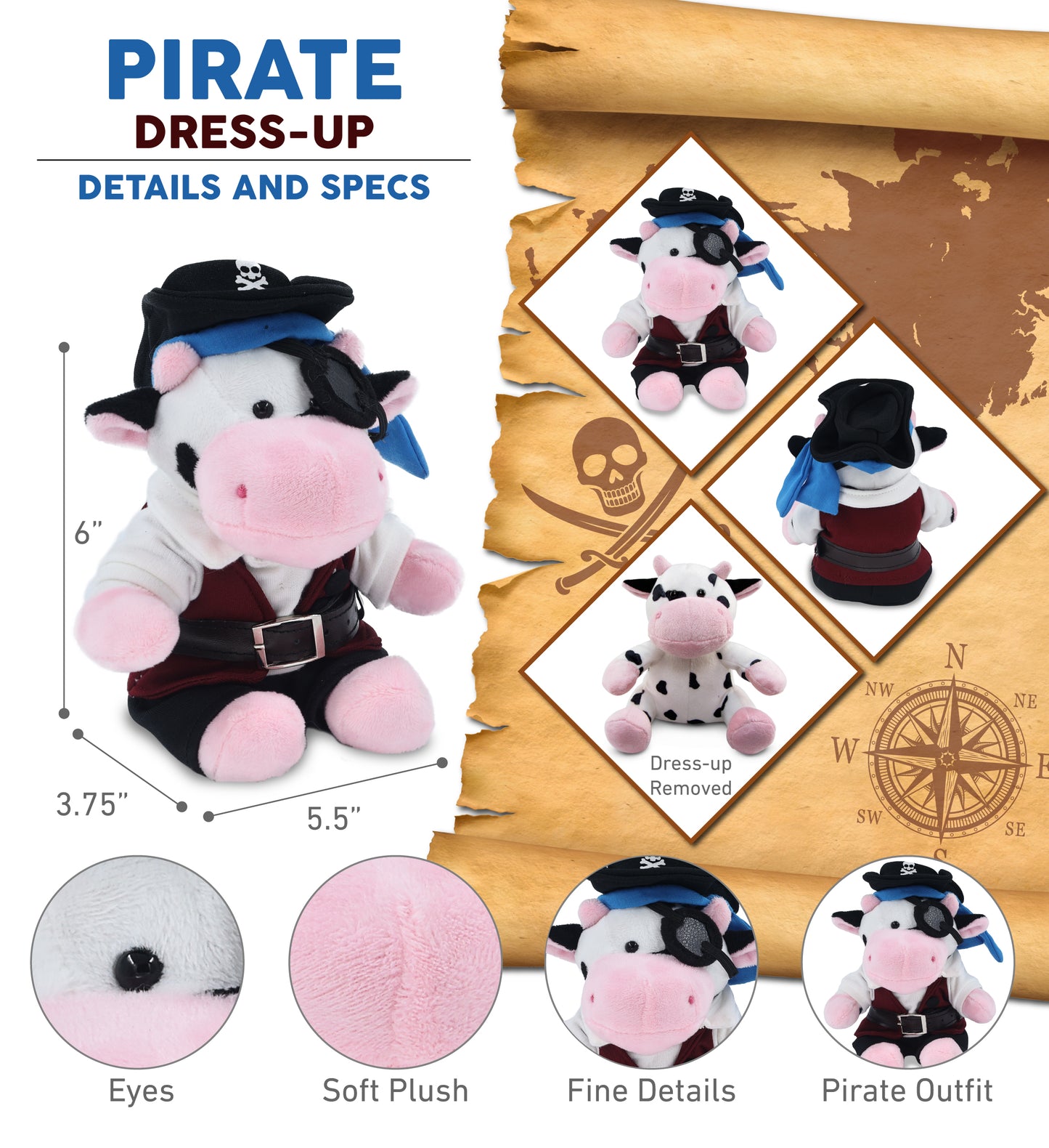 6" PLUSH - COW WITH PIRATE DRESS UP