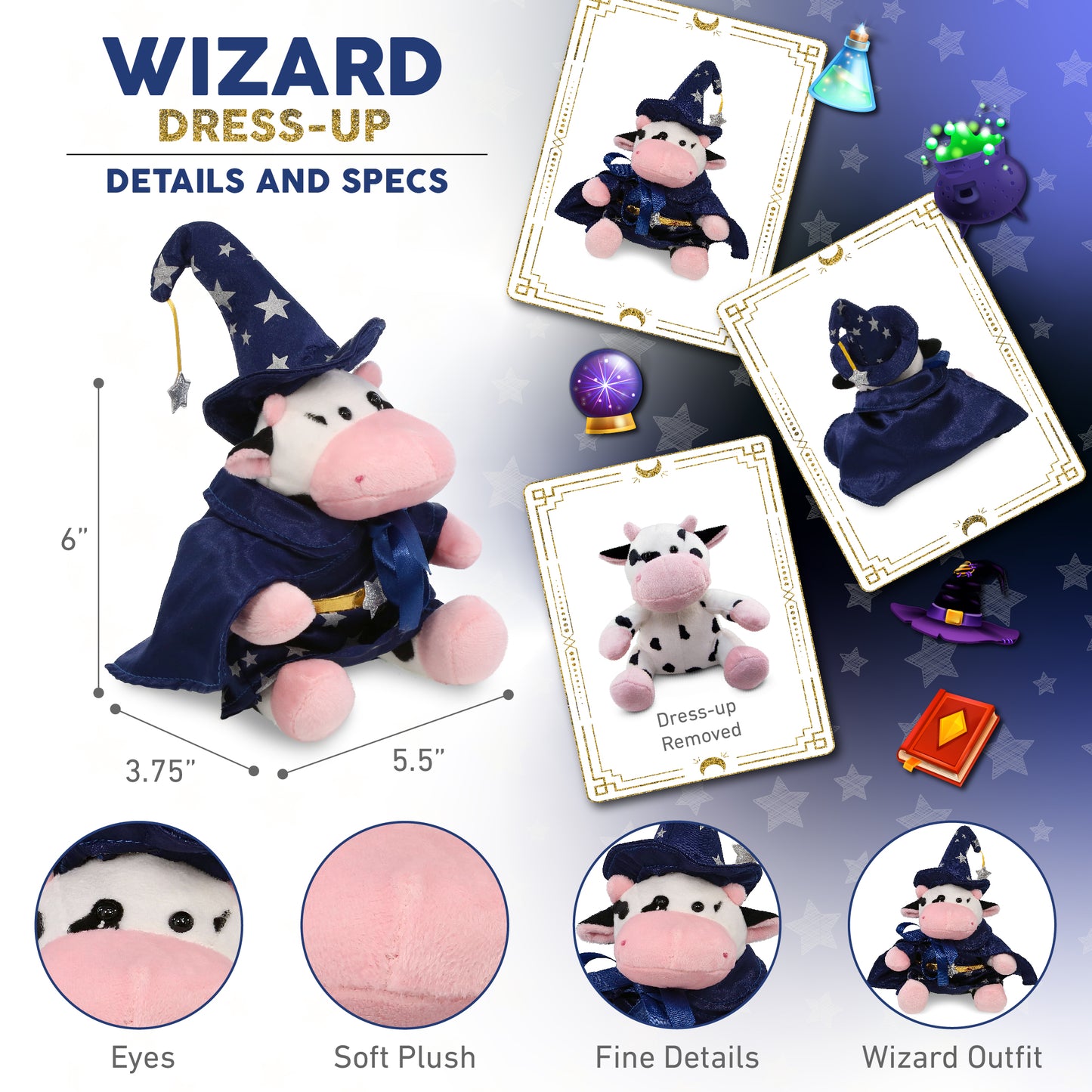 6" PLUSH - COW WITH WIZARD DRESS UP