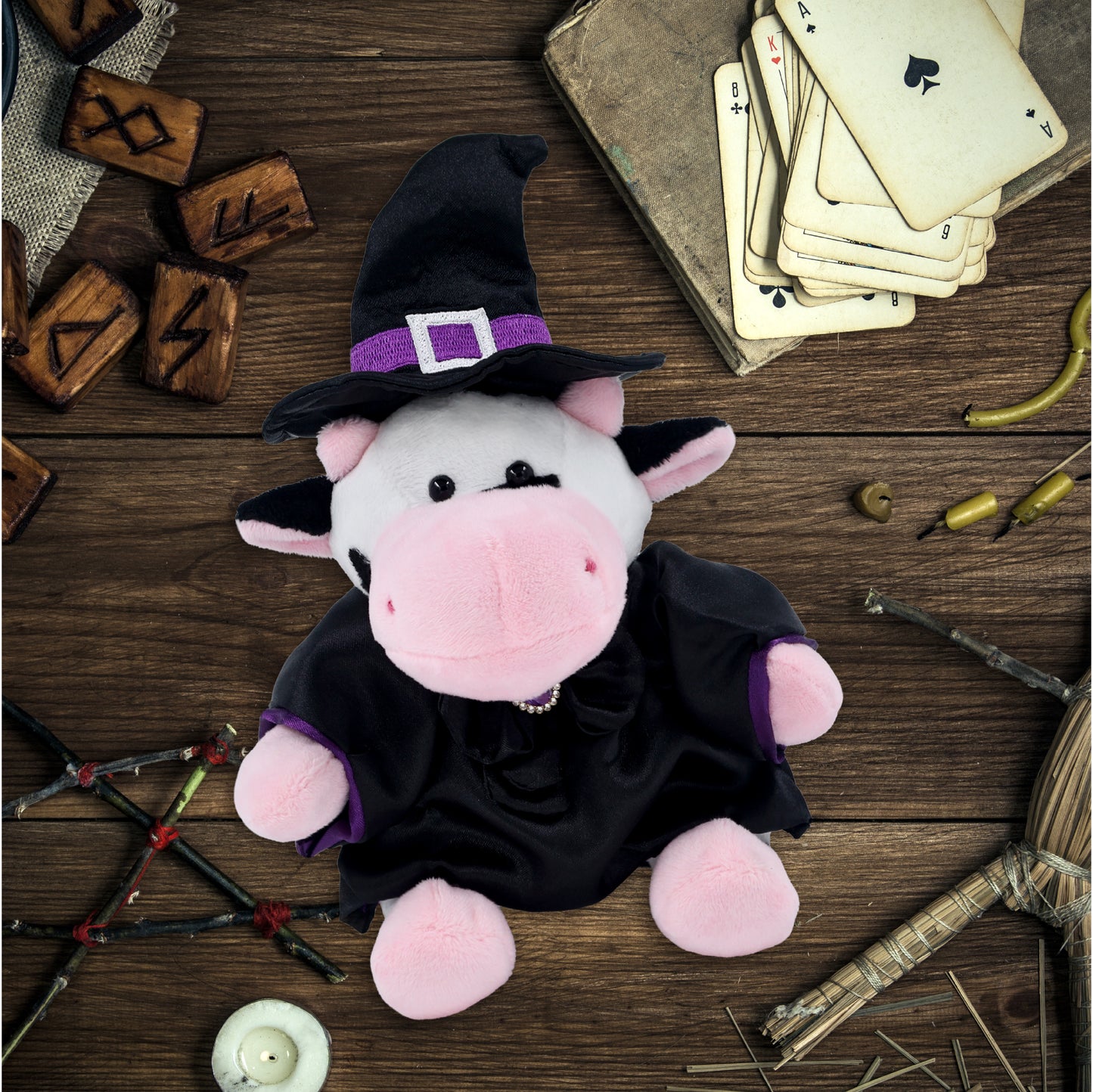 6" PLUSH - COW WITH WITCH DRESS UP