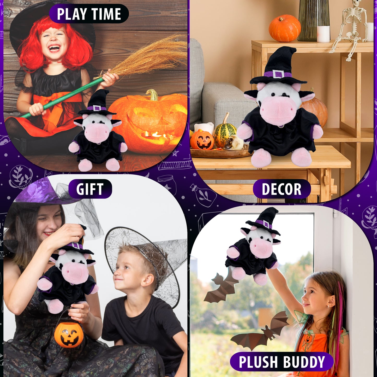 6" PLUSH - COW WITH WITCH DRESS UP