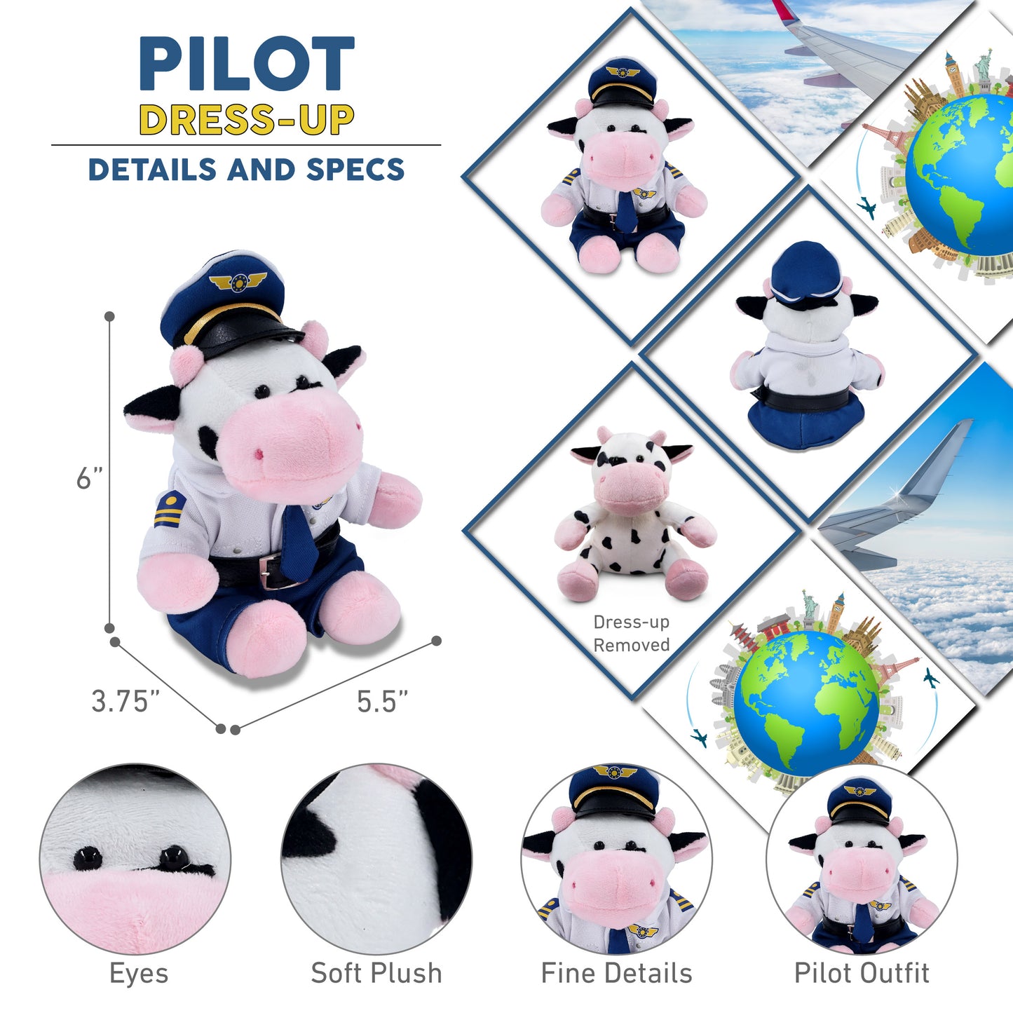 6" PLUSH - COW WITH PILOT DRESS UP
