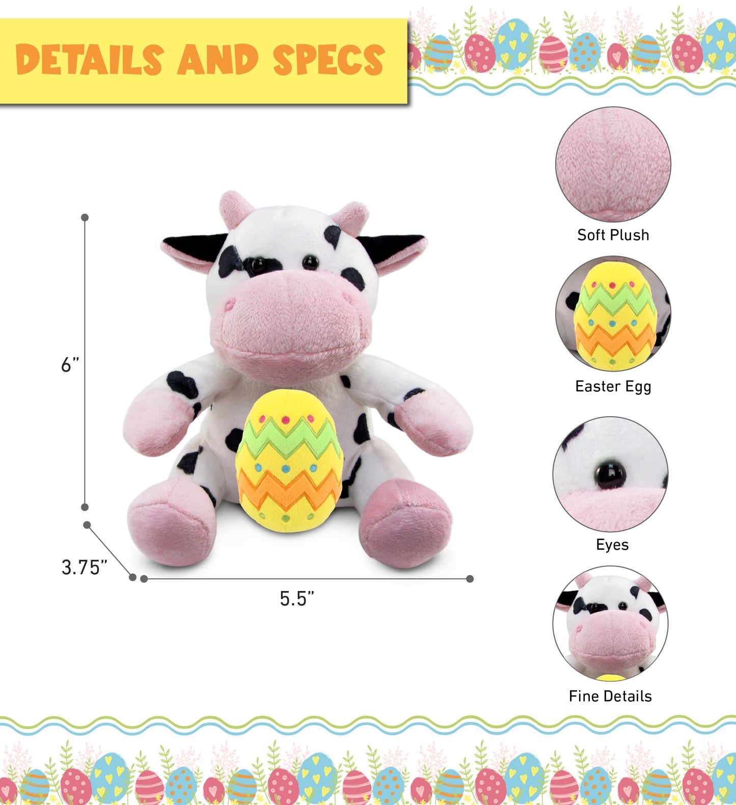 DolliBu Super Soft Cute Cow with Yellow Easter Egg Plush Toy - 6  Inches