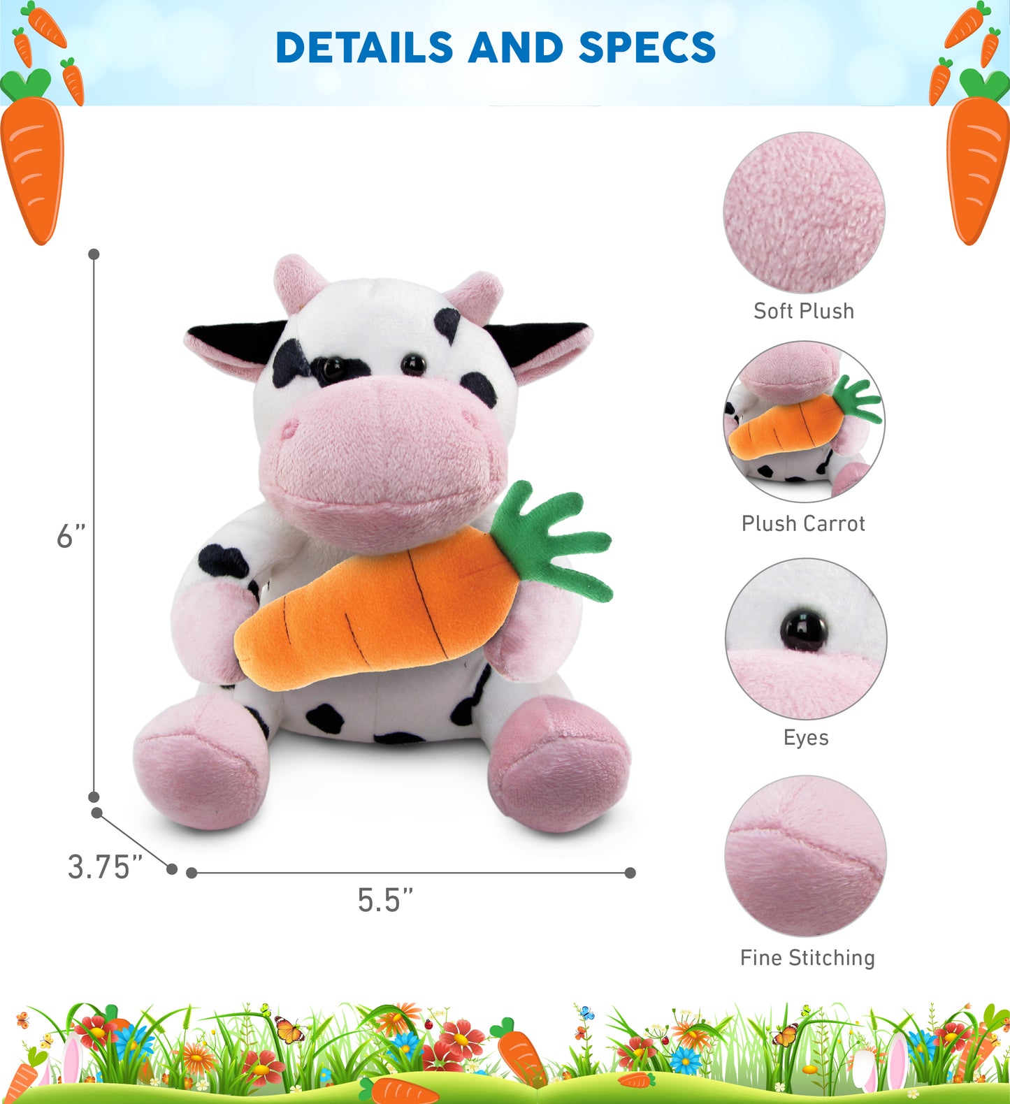 DolliBu Happy Easter Super Soft Plush Cow with Carrot Plush Toy - 6 Inches