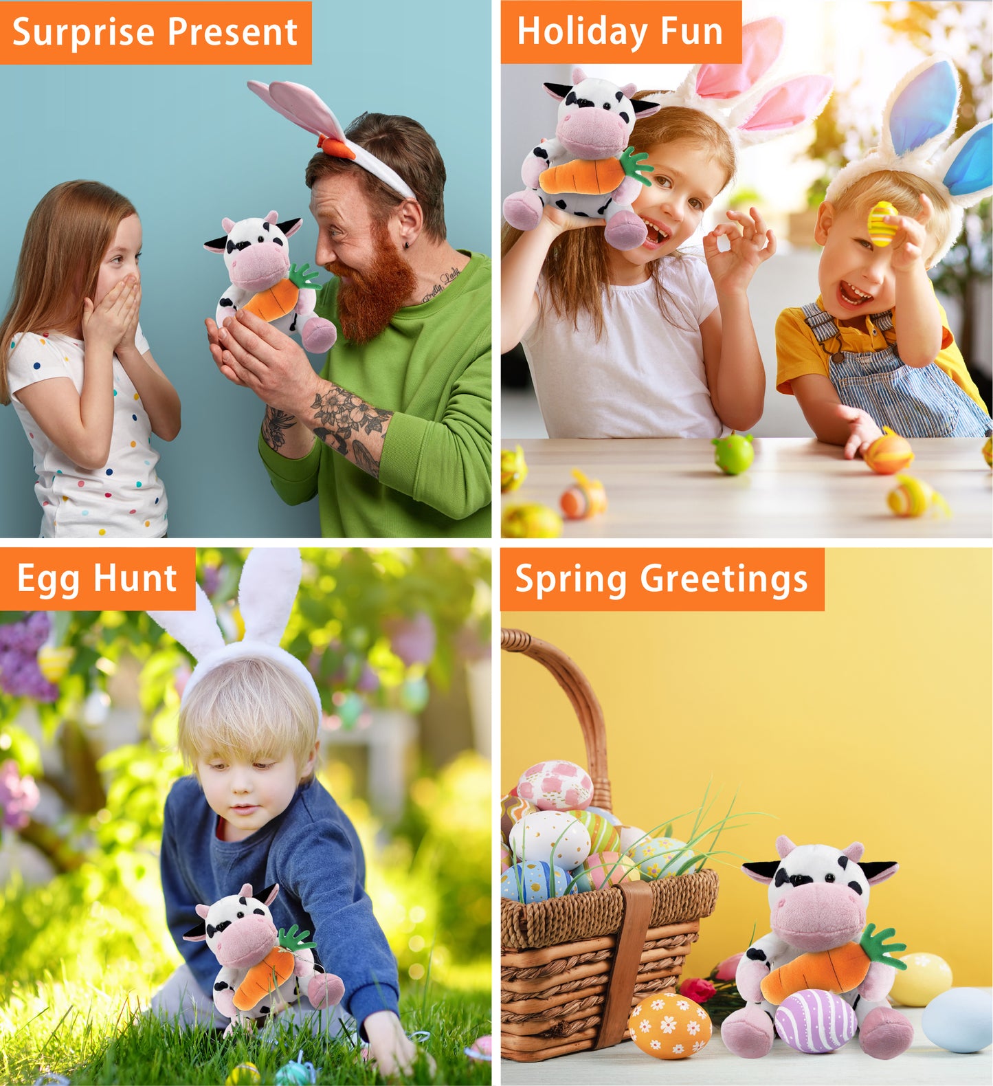 DolliBu Happy Easter Super Soft Plush Cow with Carrot Plush Toy - 6 Inches