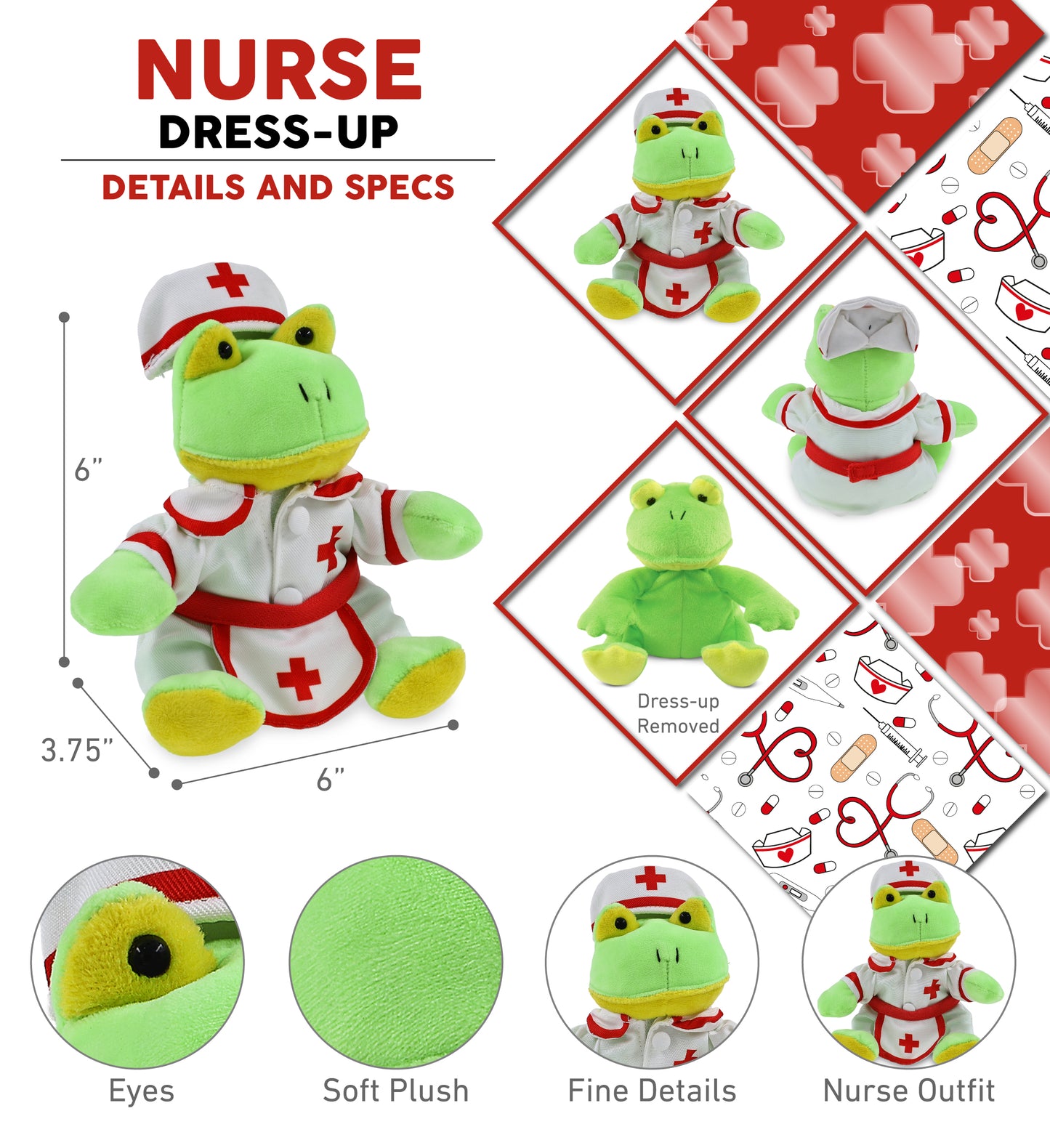 6" PLUSH - FROG With NURSE Dress-Up