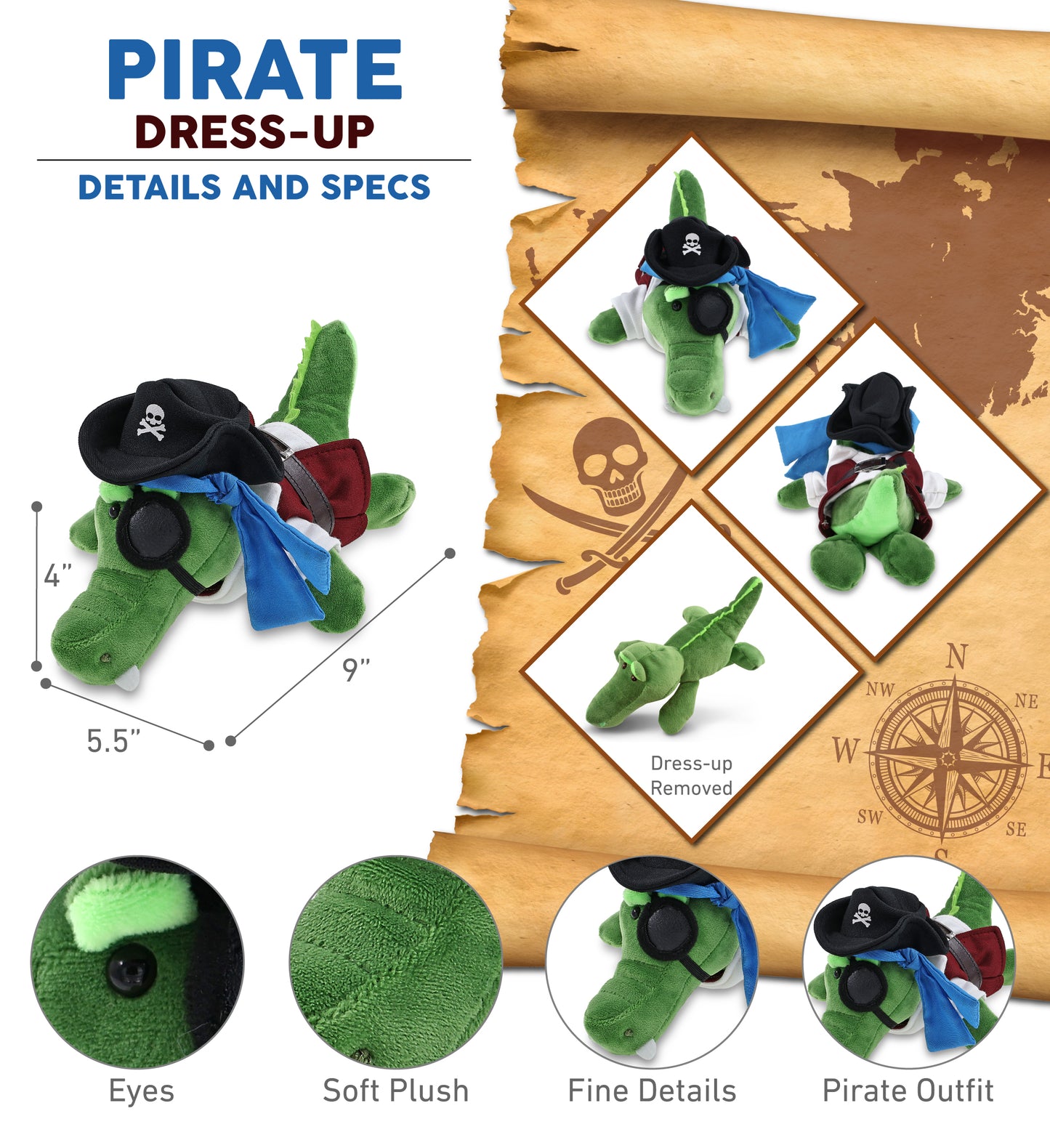 6" PLUSH - ALLIGATOR PIRATE DRESS UP