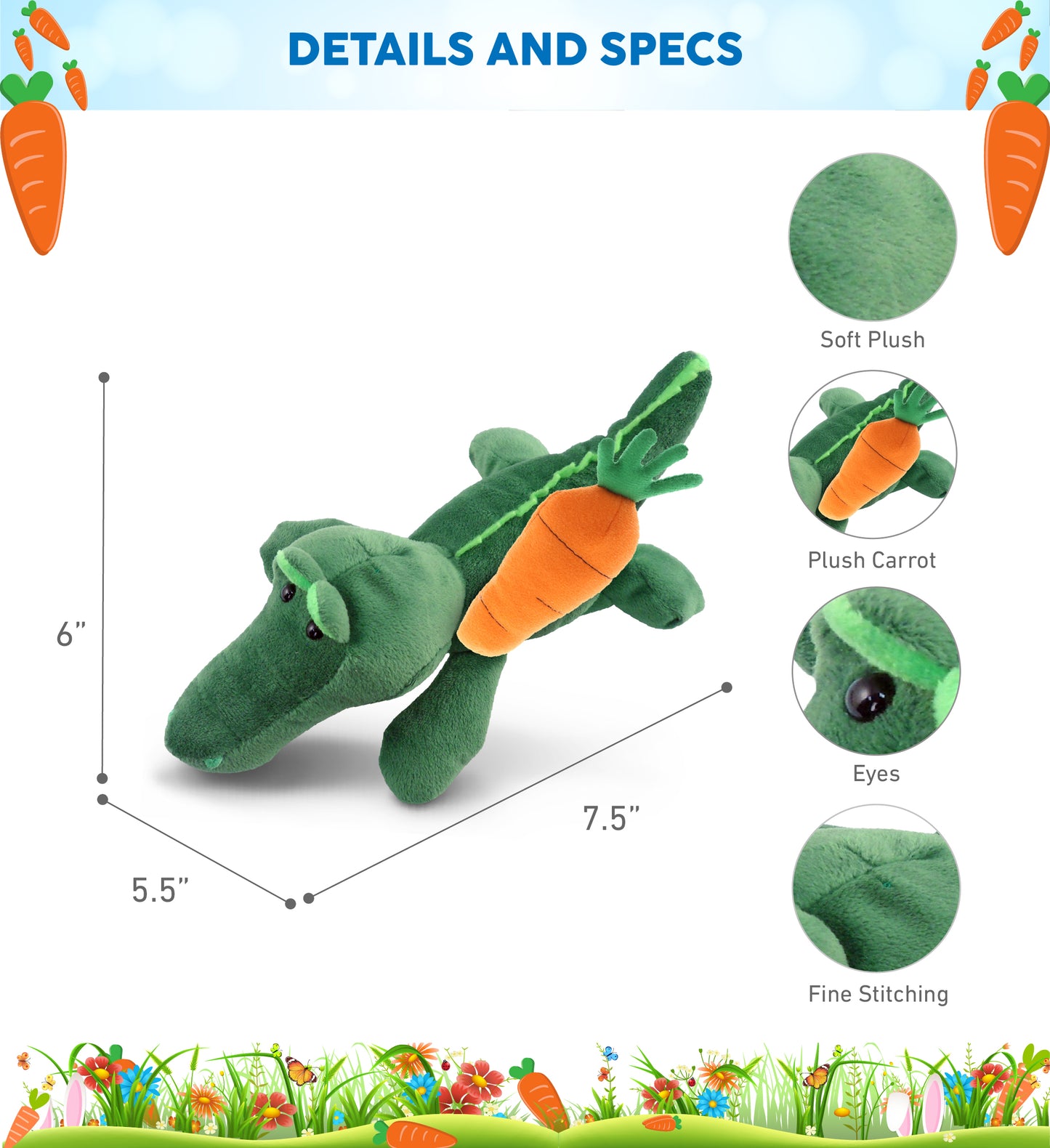 DolliBu Happy Easter Super Soft Plush Alligator with Carrot Plush Toy - 6 Inch