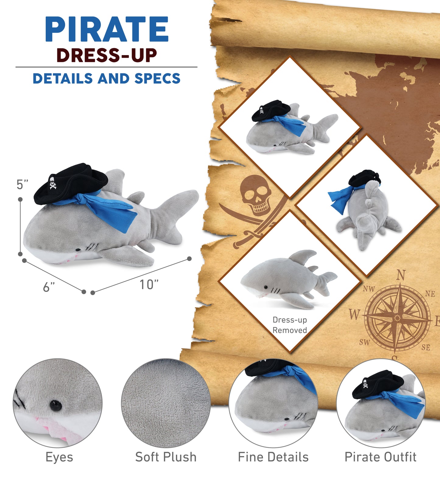 6" PLUSH - SHARK WITH PIRATE DRESS UP