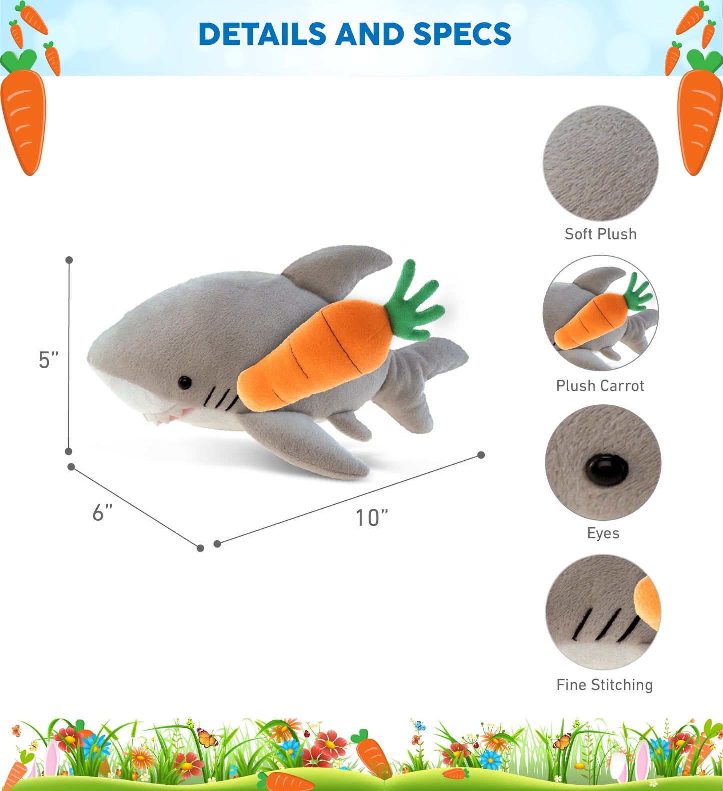 DolliBu Happy Easter Super Soft Plush Shark with Carrot Plush Toy - 6 Inches