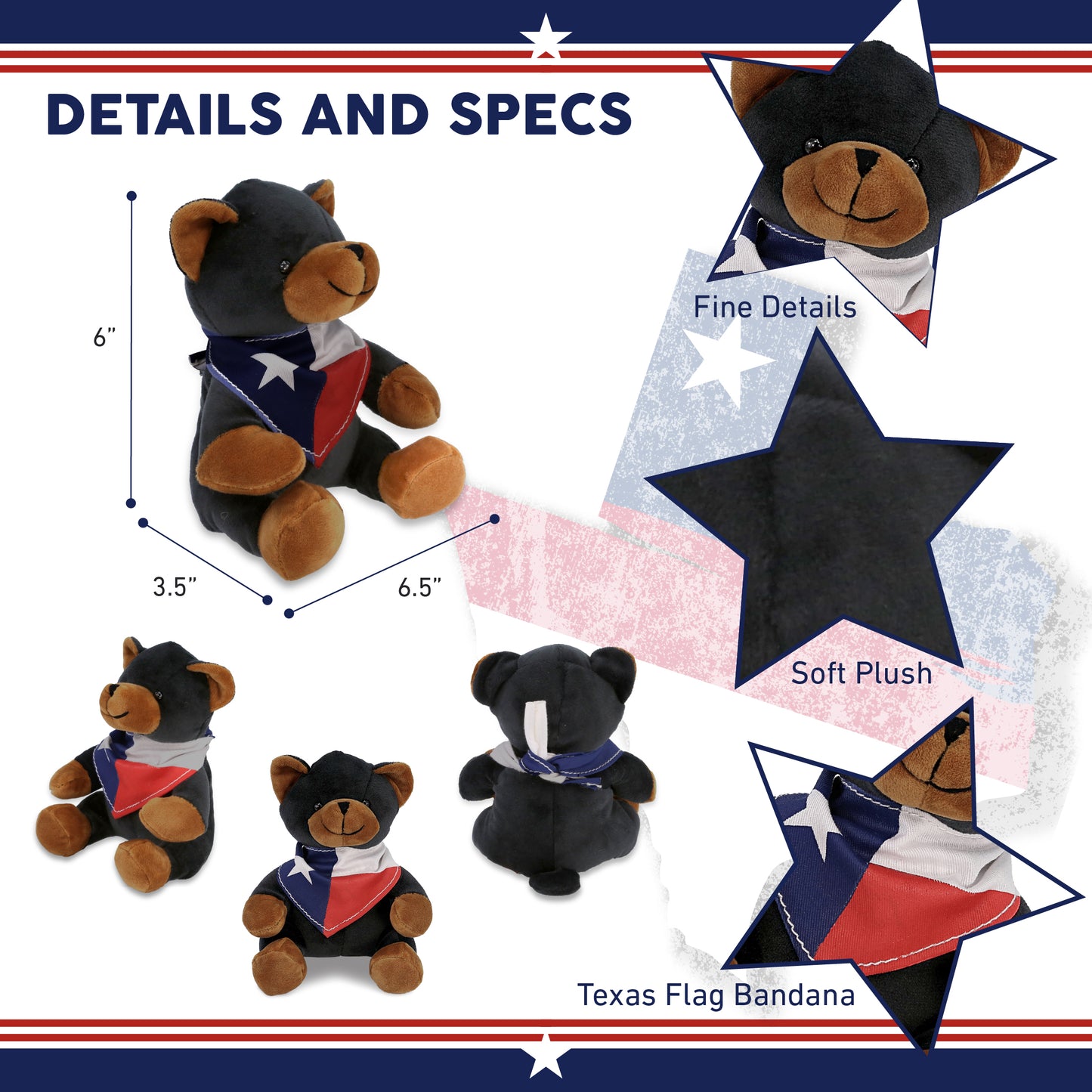 6" PLUSH - BLACK BEAR WITH TEXAS FLAG BANDANA