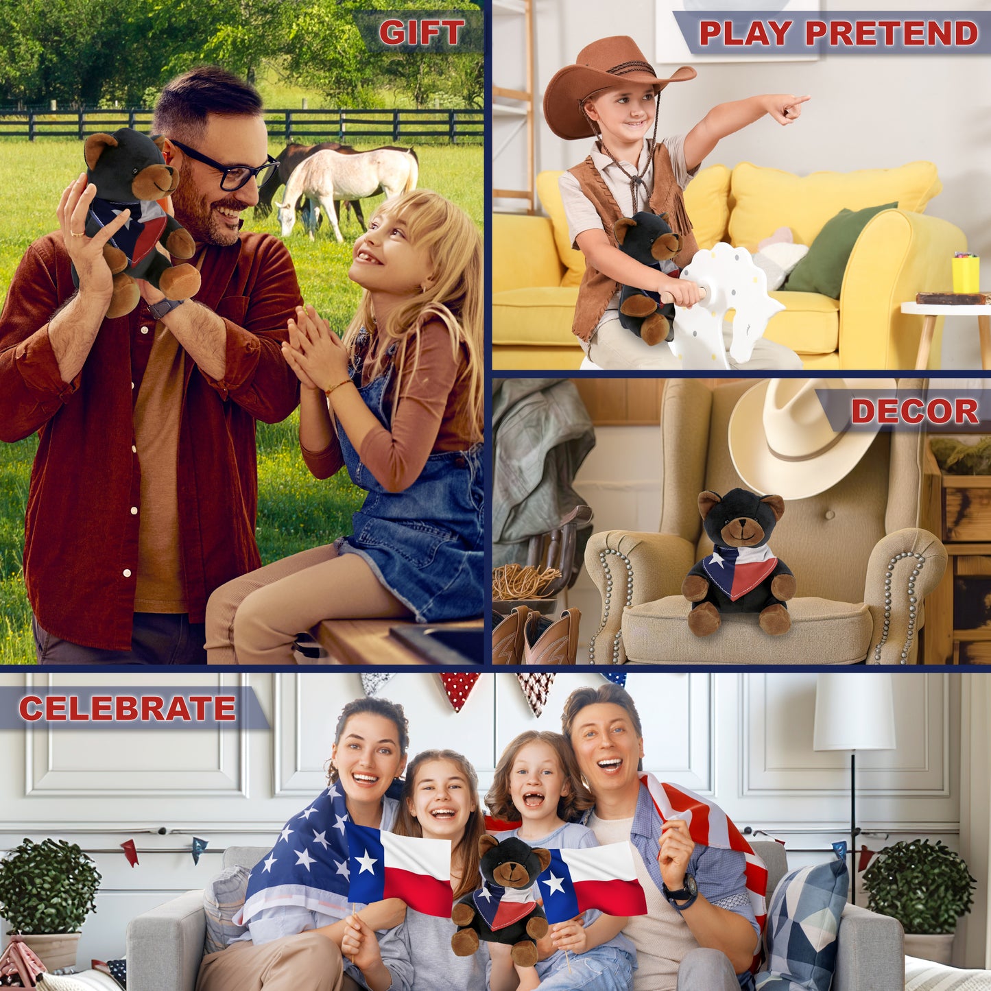 6" PLUSH - BLACK BEAR WITH TEXAS FLAG BANDANA