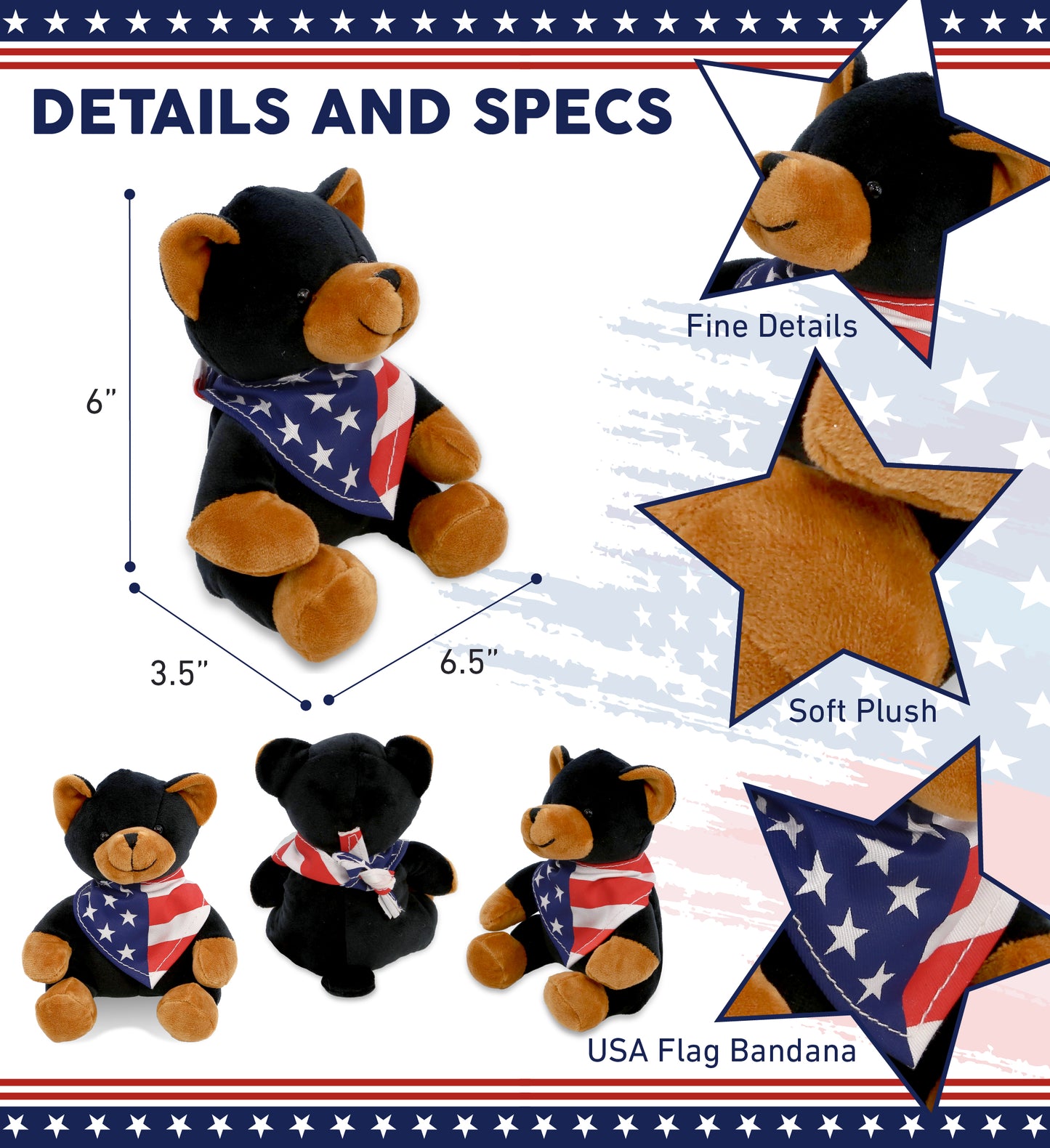 6" PLUSH - BLACK BEAR WITH USA FLAG BANDANA