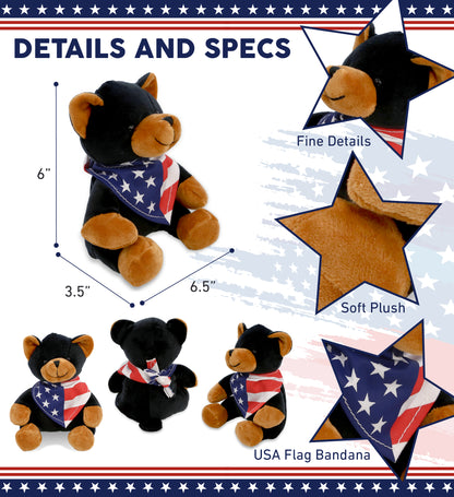 6" PLUSH - BLACK BEAR WITH USA FLAG BANDANA