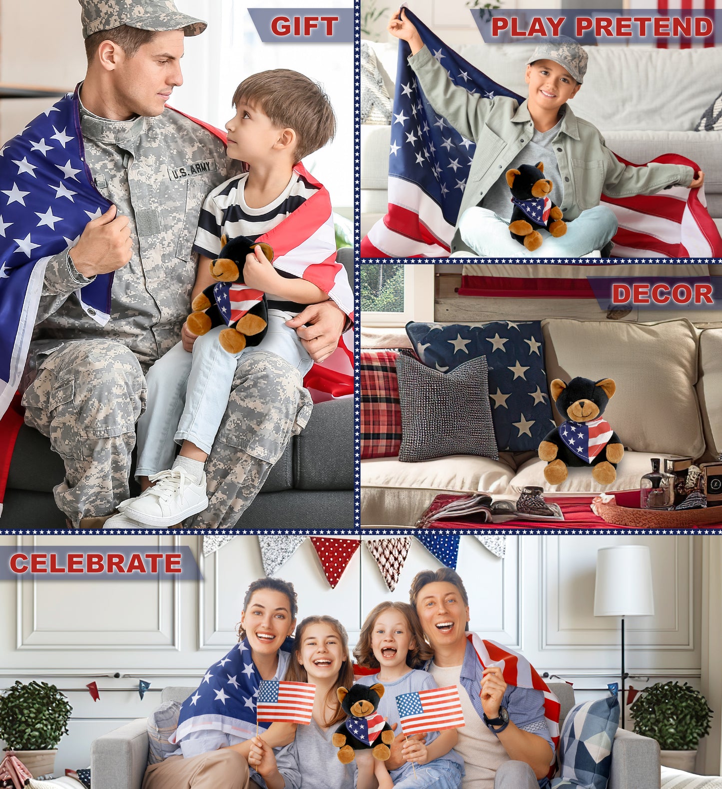 6" PLUSH - BLACK BEAR WITH USA FLAG BANDANA