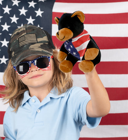 6" PLUSH - BLACK BEAR WITH USA FLAG BANDANA
