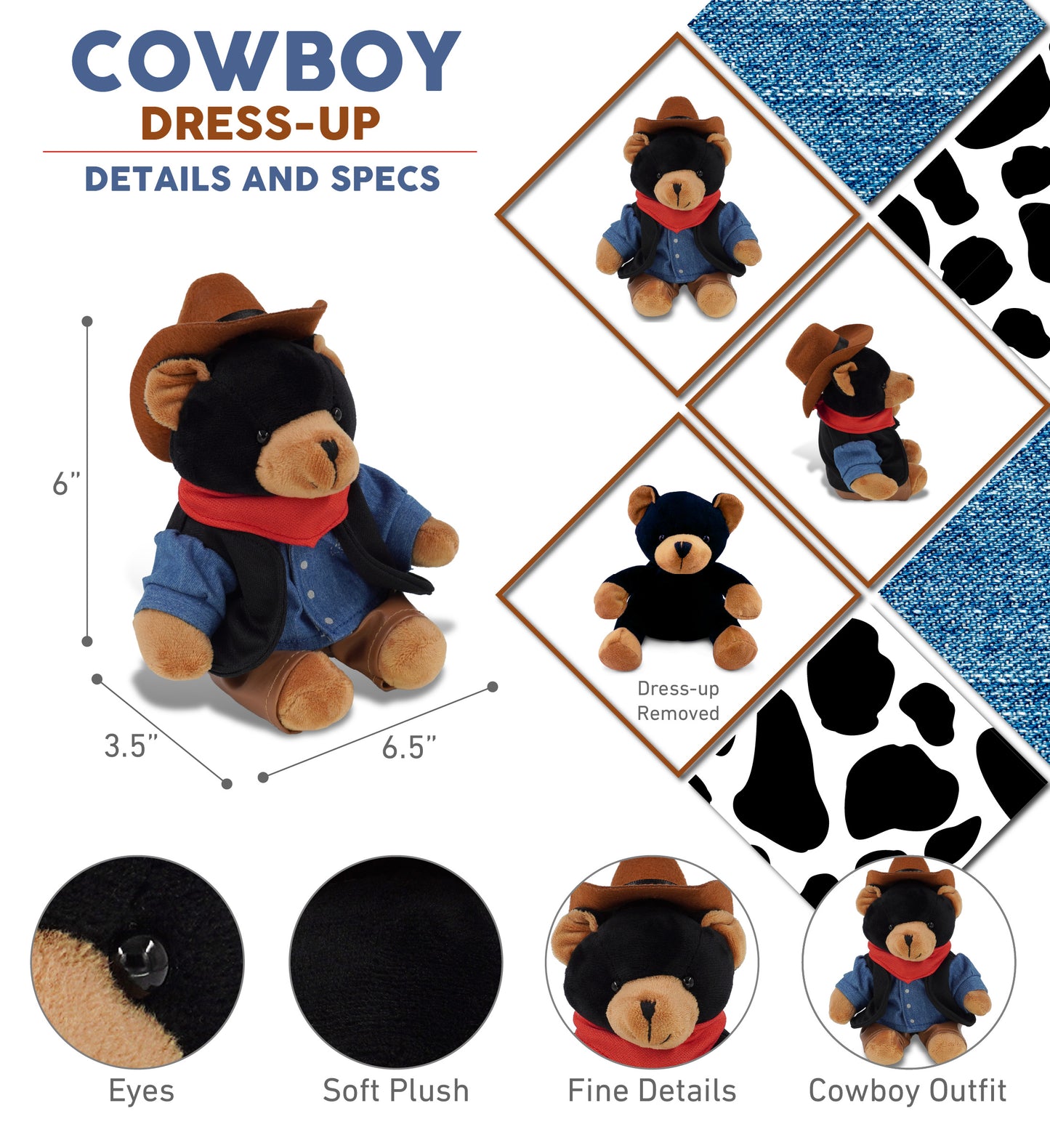 6" PLUSH - BLACK BEAR COWBOY DRESS UP