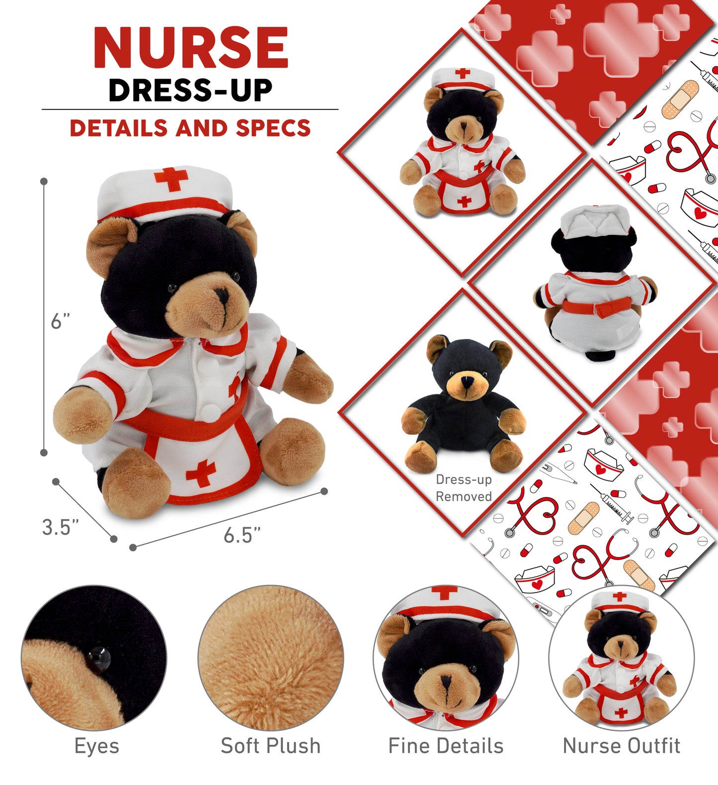 6" PLUSH - BLACK BEAR NURSE DRESS UP