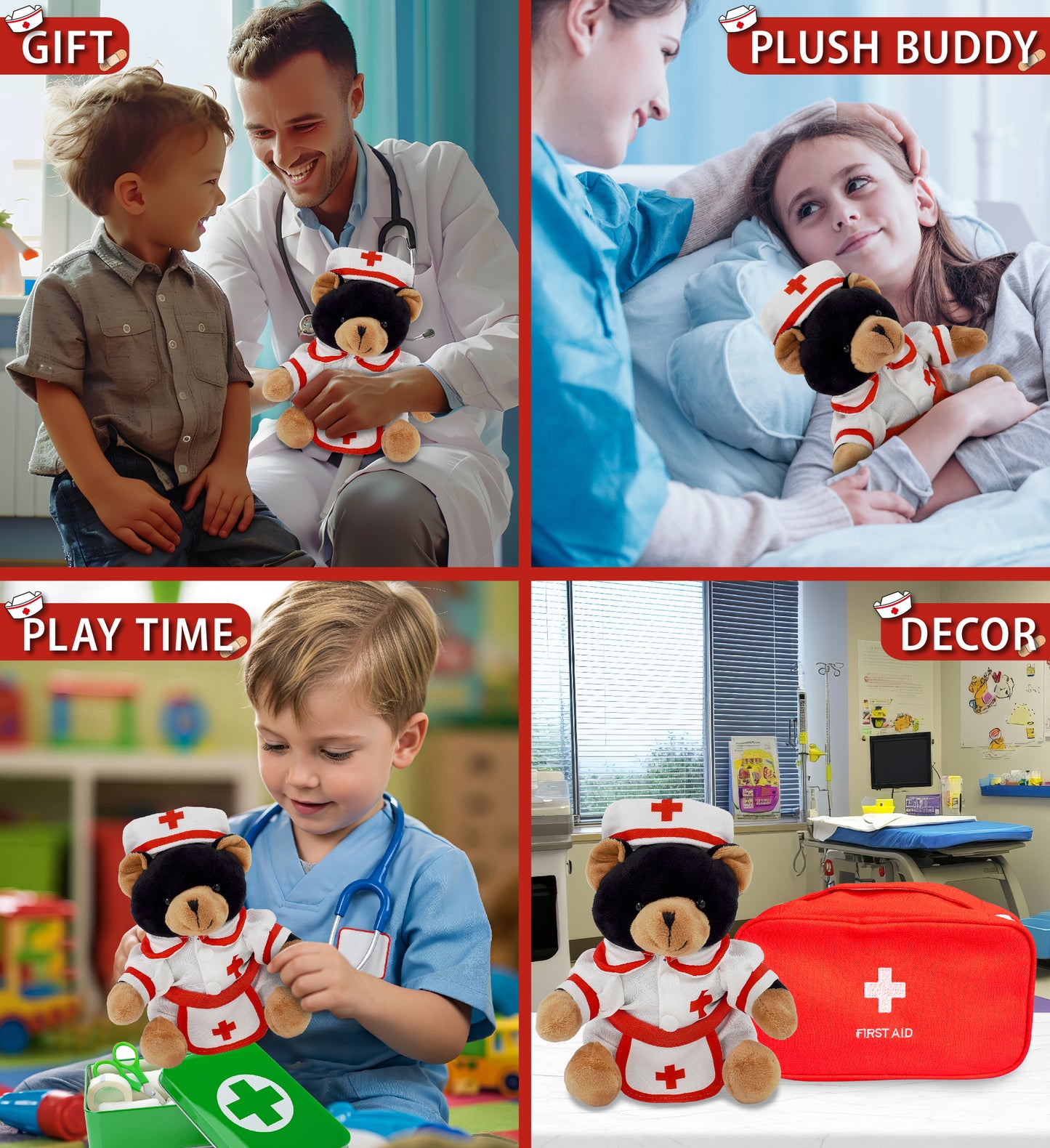 6" PLUSH - BLACK BEAR NURSE DRESS UP