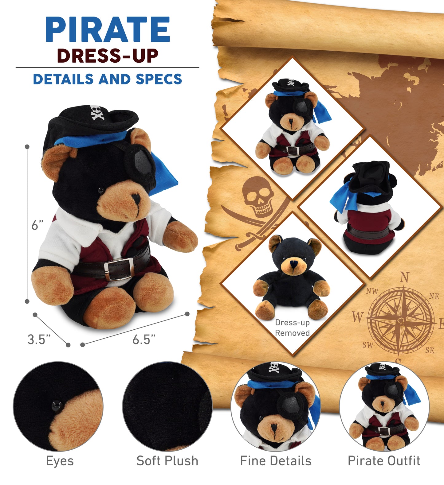 6" PLUSH - BLACK BEAR WITH PIRATE DRESS UP