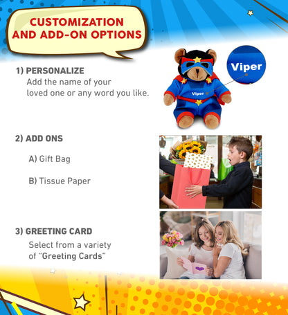 6" PLUSH - BLACK BEAR WITH SUPER HERO DRESS UP