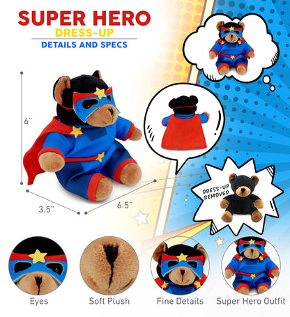 6" PLUSH - BLACK BEAR WITH SUPER HERO DRESS UP