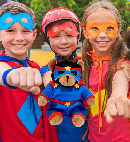 6" PLUSH - BLACK BEAR WITH SUPER HERO DRESS UP