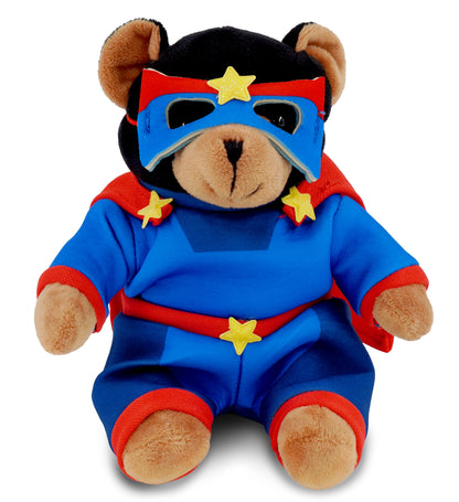 6" PLUSH - BLACK BEAR WITH SUPER HERO DRESS UP