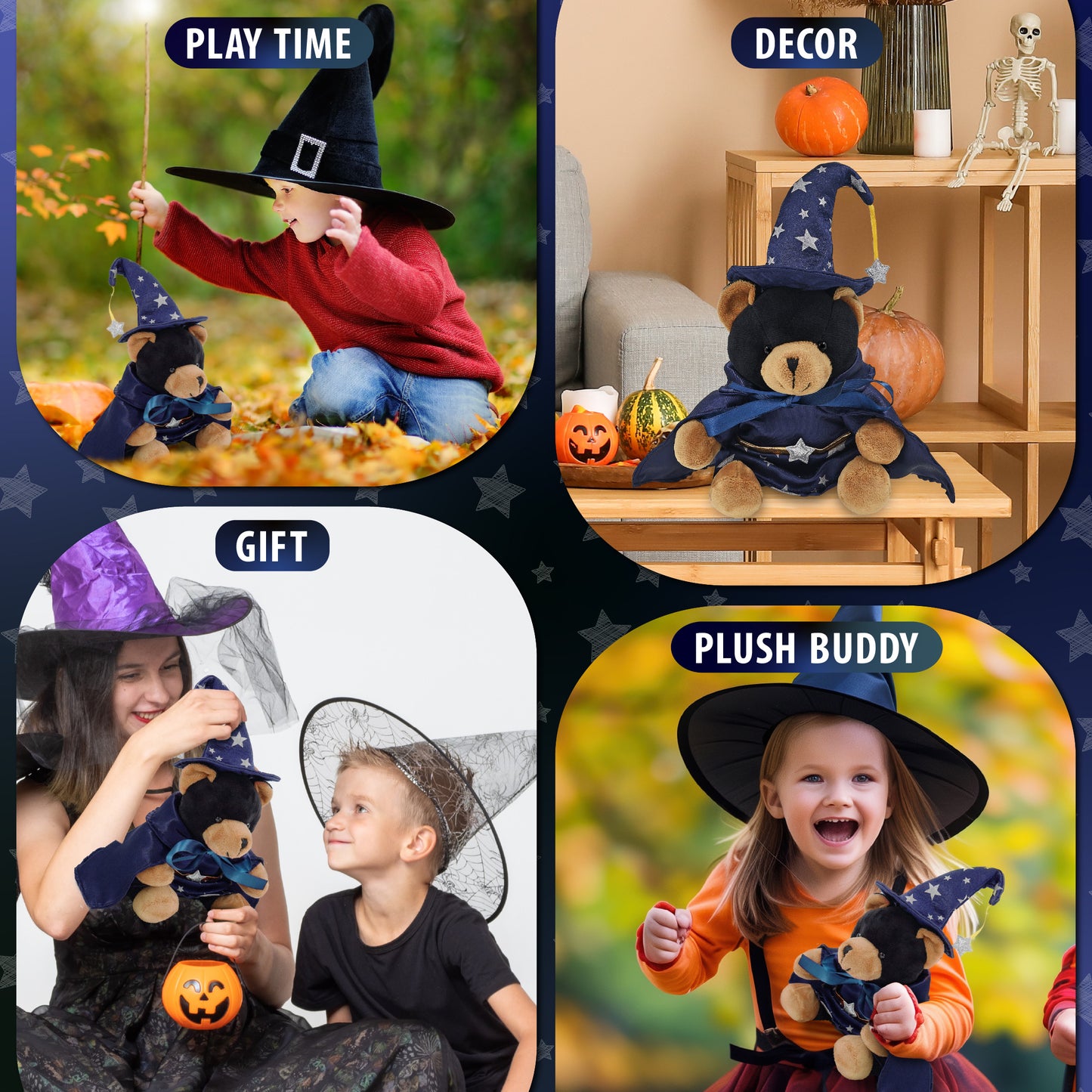 6" PLUSH - BLACK BEAR WITH WIZARD DRESS UP