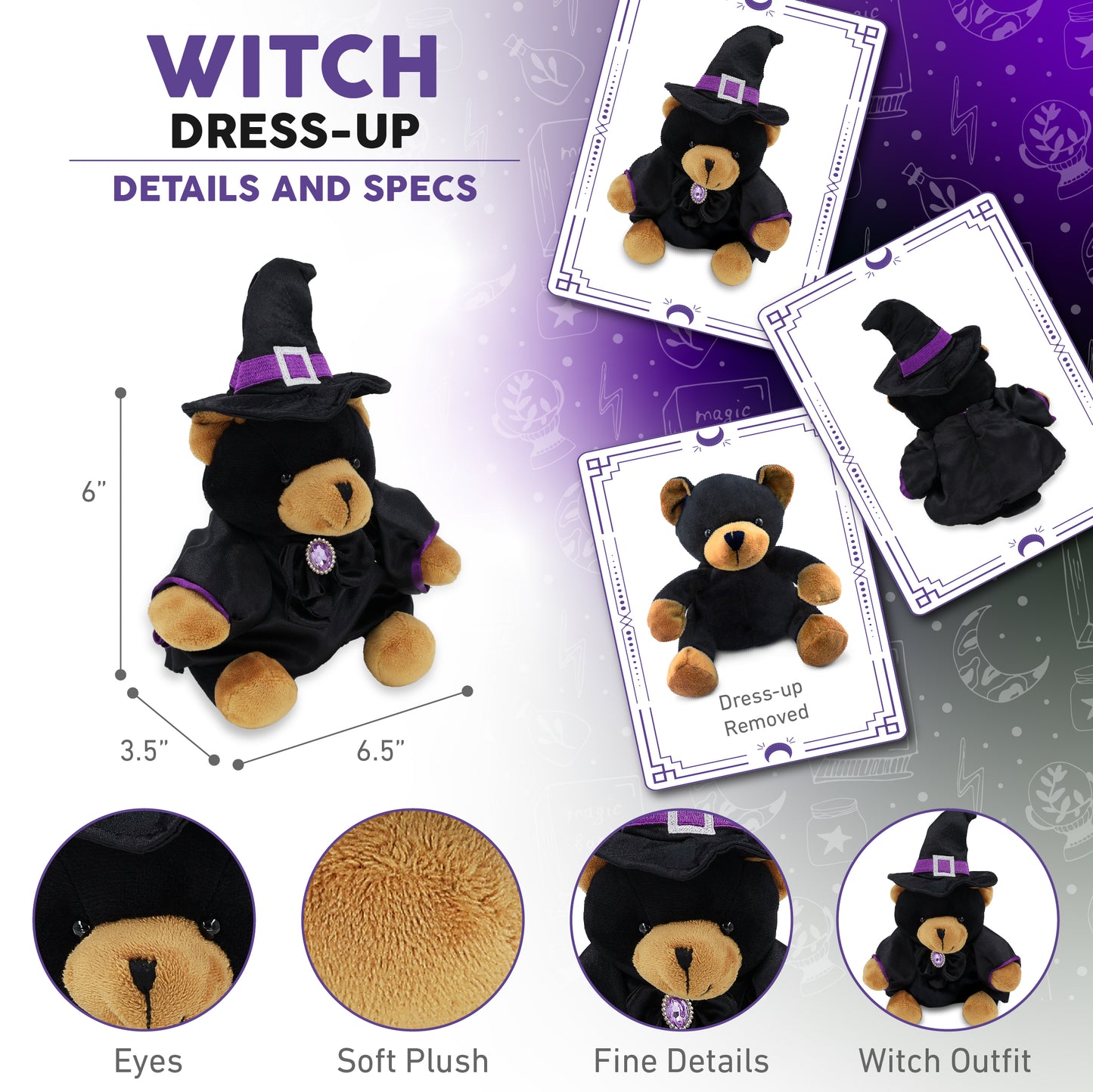6" PLUSH - BLACK BEAR WITH WITCH DRESS UP