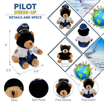 6" PLUSH - BLACK BEAR WITH PILOT DRESS UP