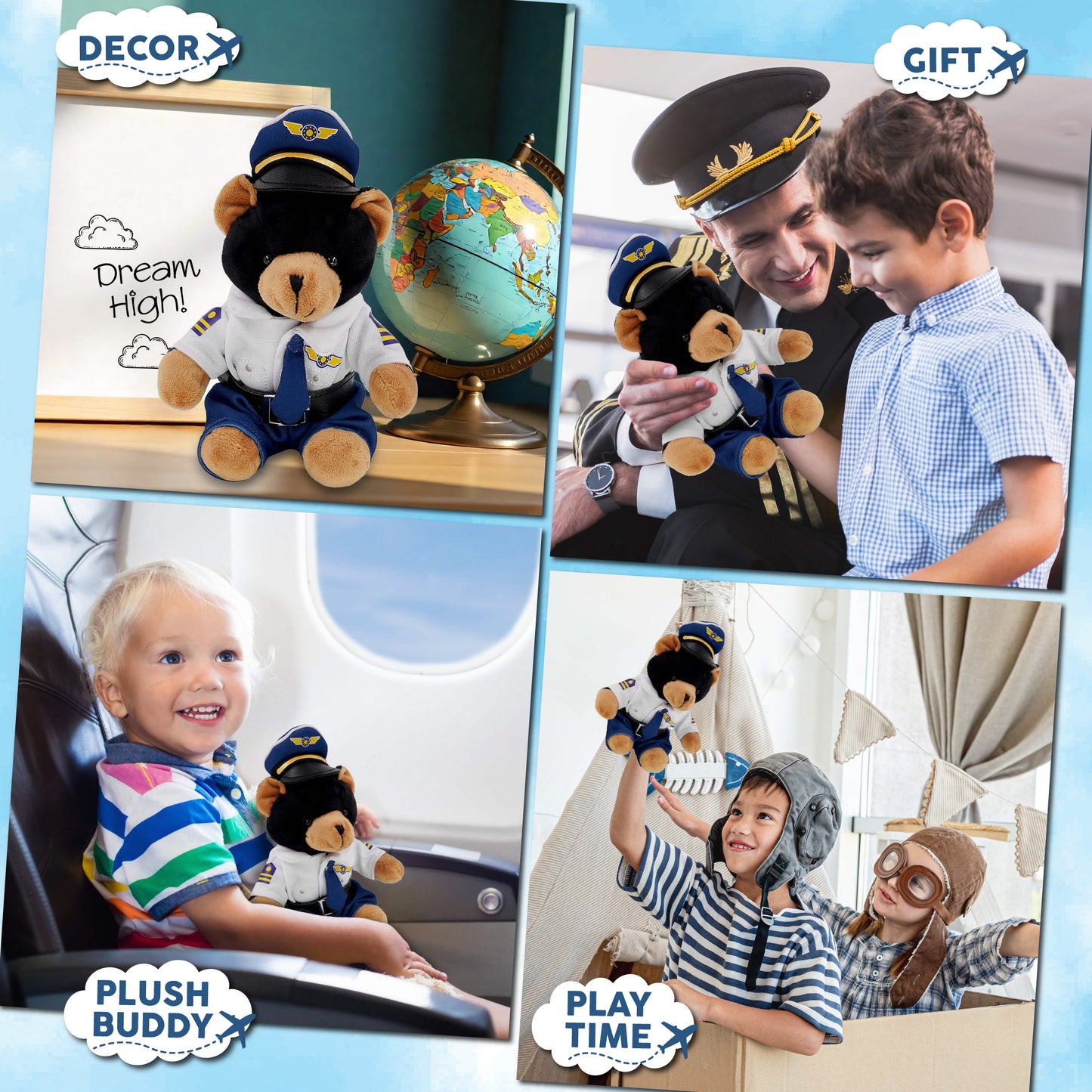 6" PLUSH - BLACK BEAR WITH PILOT DRESS UP