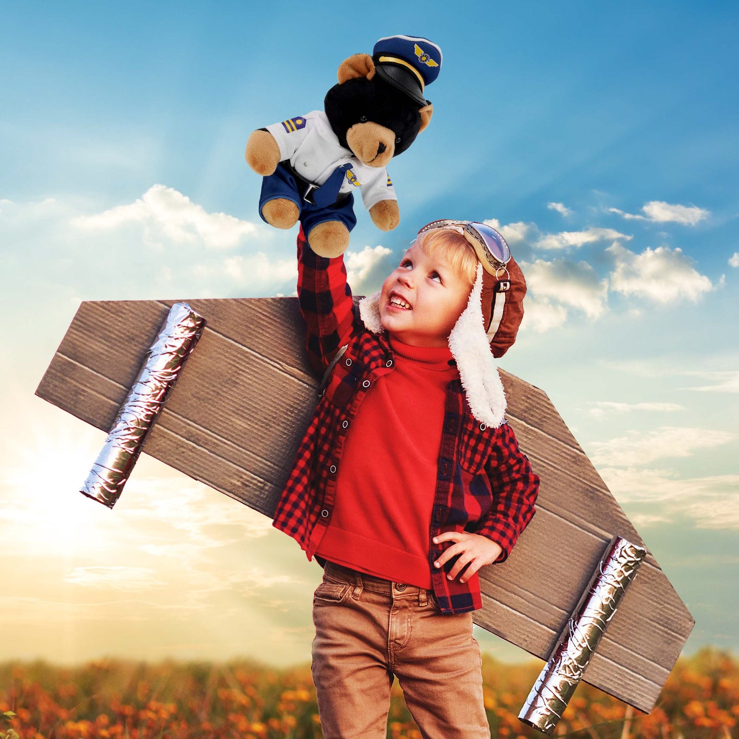 6" PLUSH - BLACK BEAR WITH PILOT DRESS UP