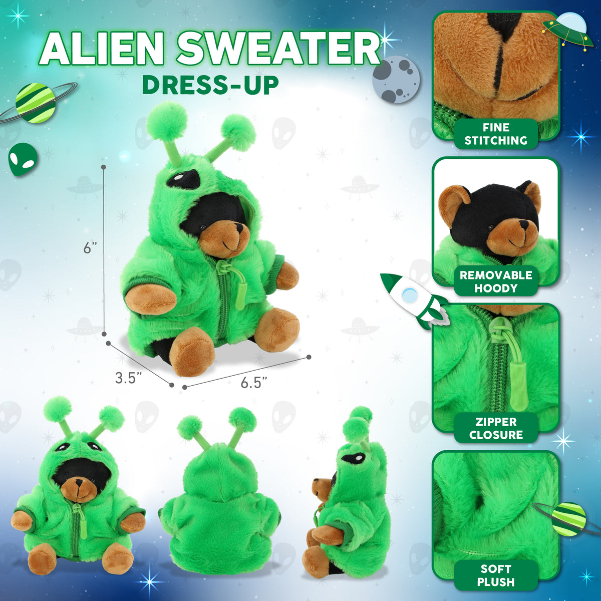 6" PLUSH - BLACK BEAR WITH ALIEN SWEATER