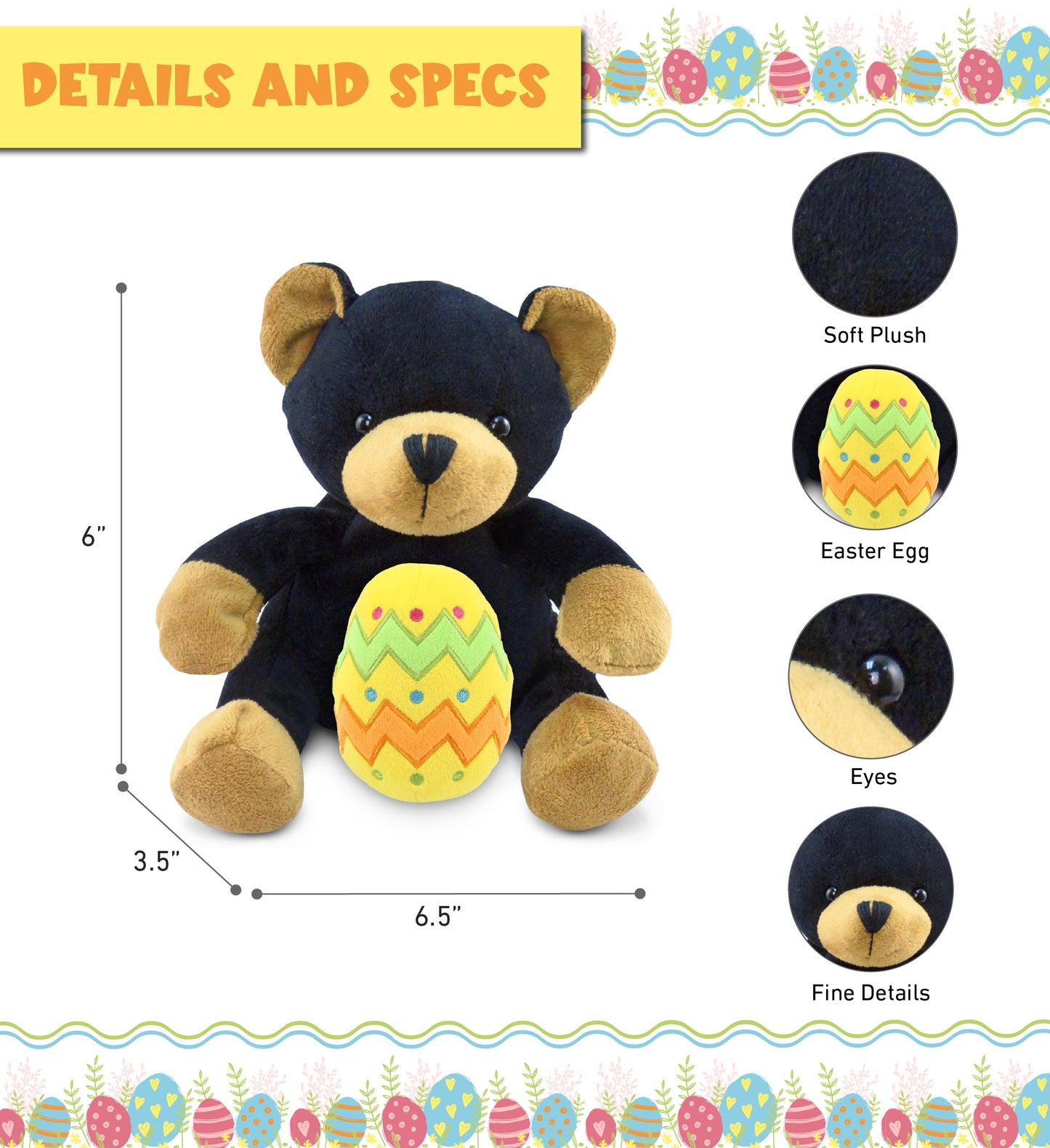 DolliBu Super Soft Cute Black Bear with Yellow Easter Egg Plush Toy - 6 Inches