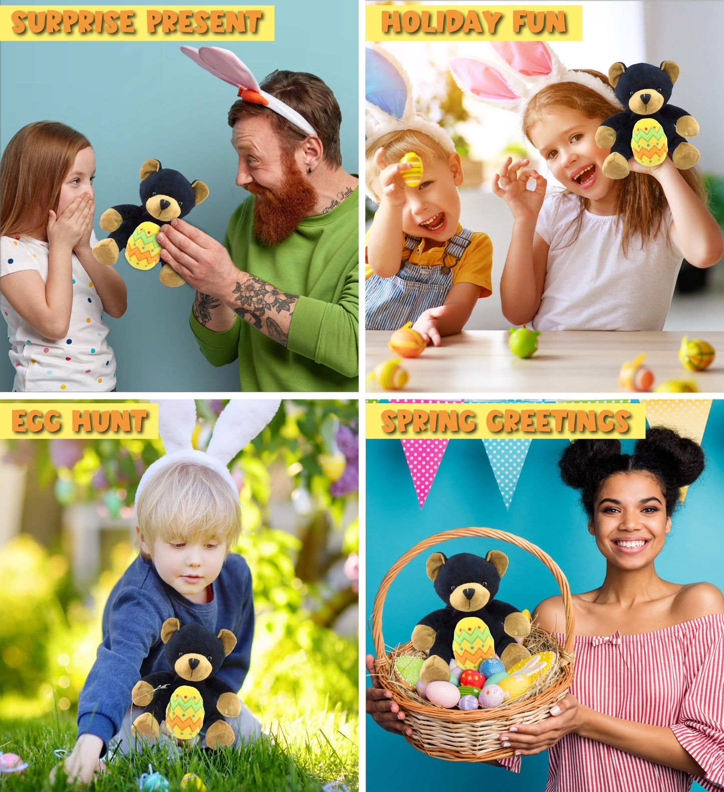DolliBu Super Soft Cute Black Bear with Yellow Easter Egg Plush Toy - 6 Inches
