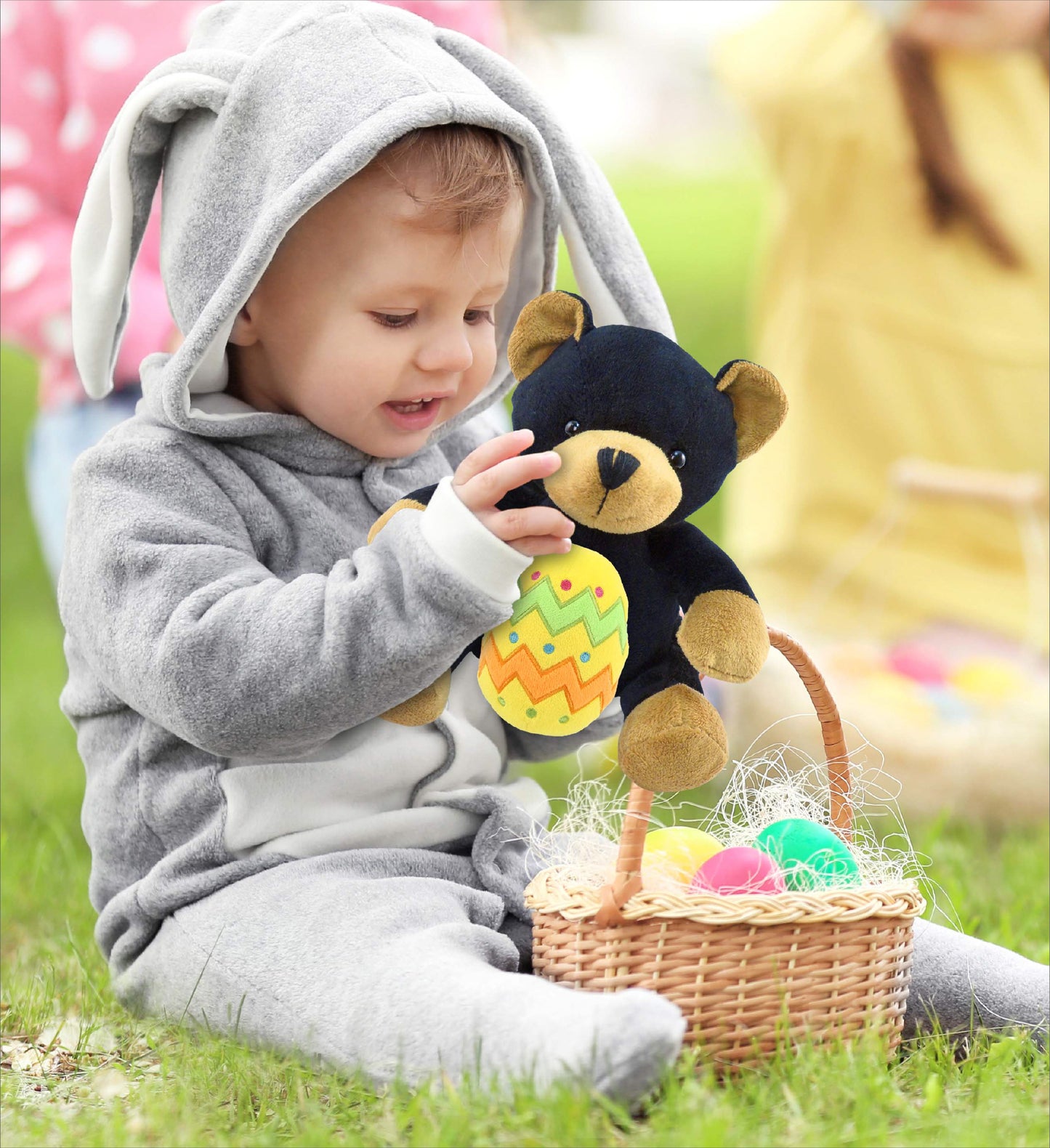 DolliBu Super Soft Cute Black Bear with Yellow Easter Egg Plush Toy - 6 Inches