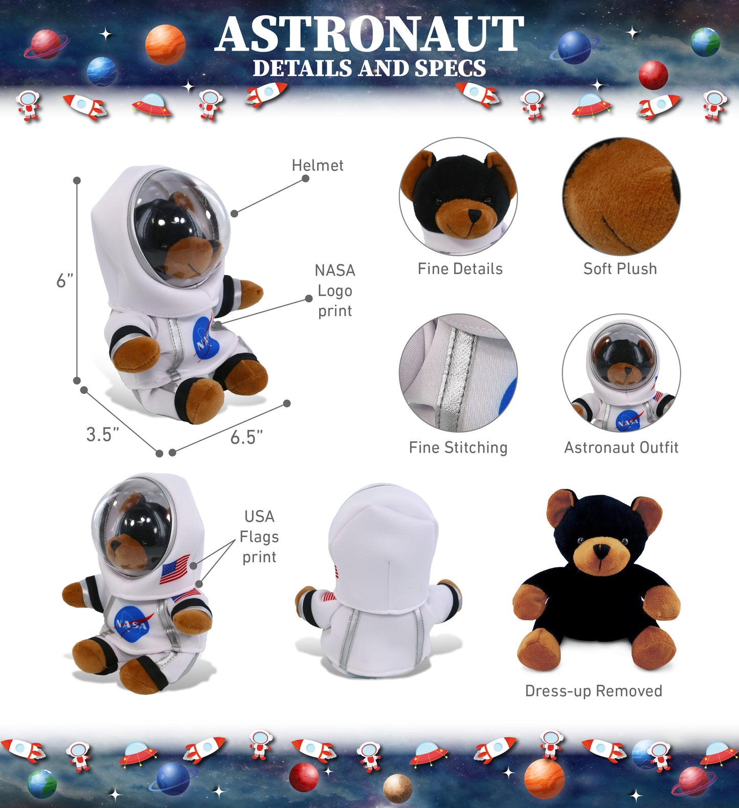 PLUSH ASTRONAUT - 6" PLUSH - BLACK BEAR