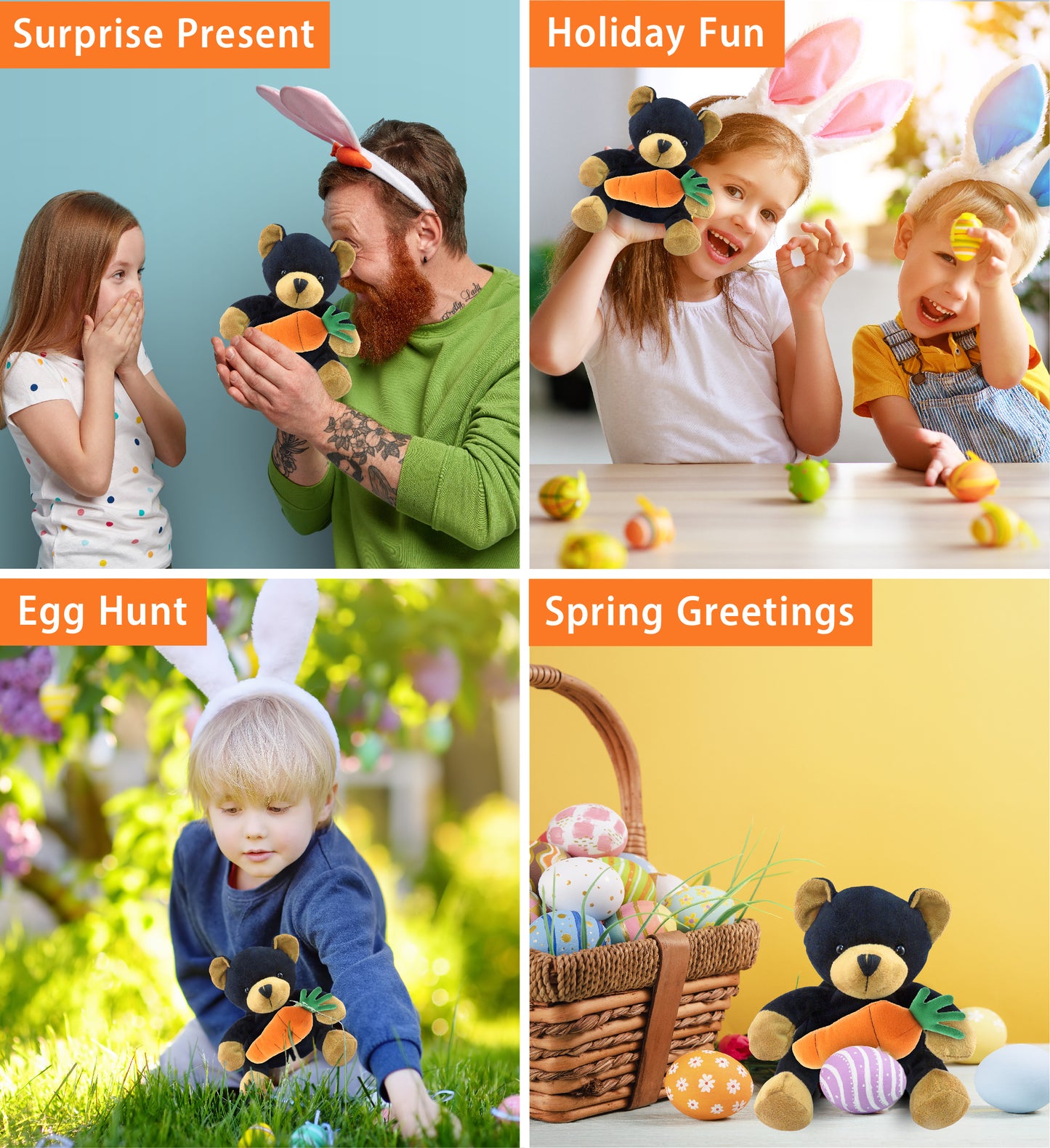 DolliBu Happy Easter Super Soft Plush Black Bear with Carrot Plush - 6 Inches
