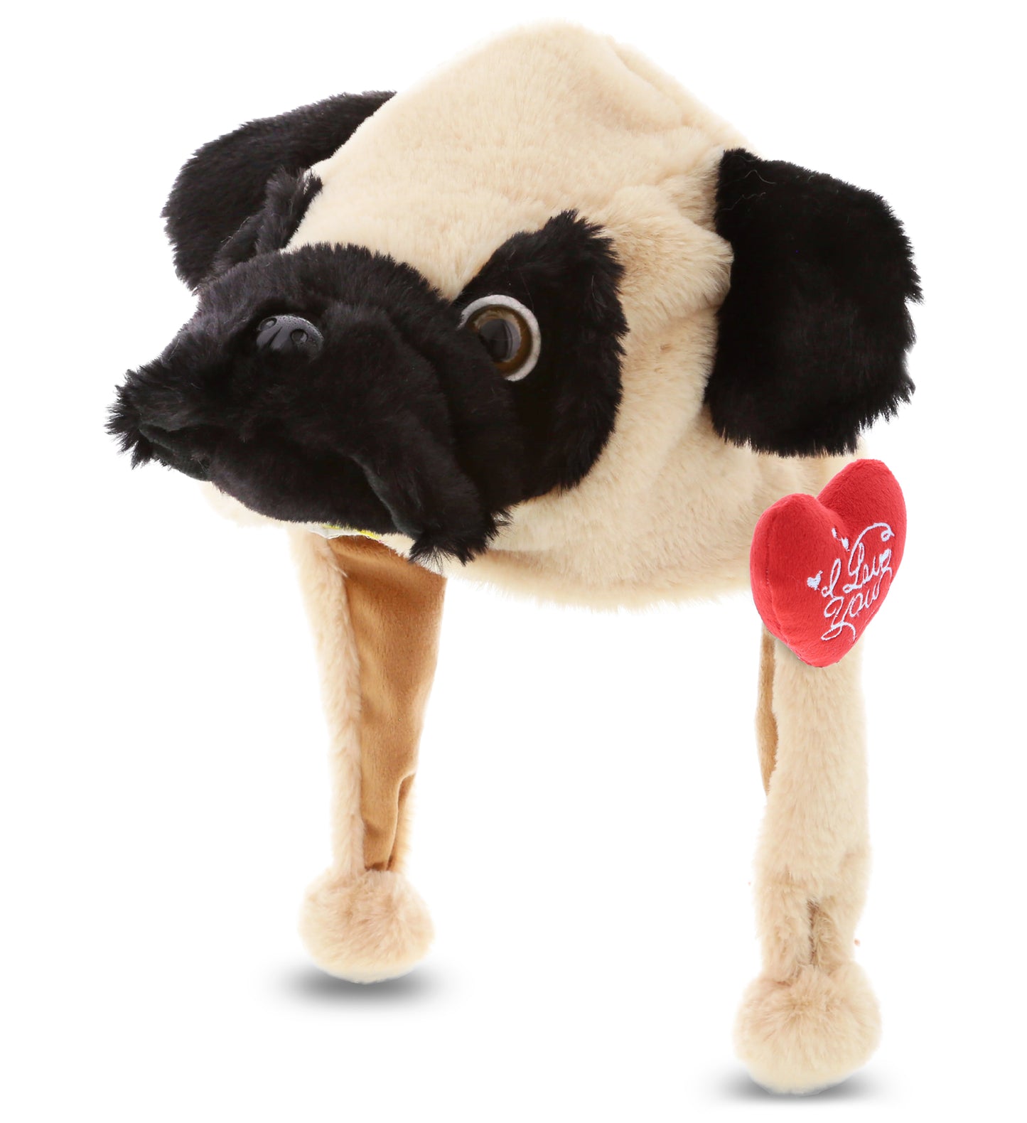 PLUSH I LOVE YOU RED HEART - SUPER SOFT PLUSH HAT - PUG DOG