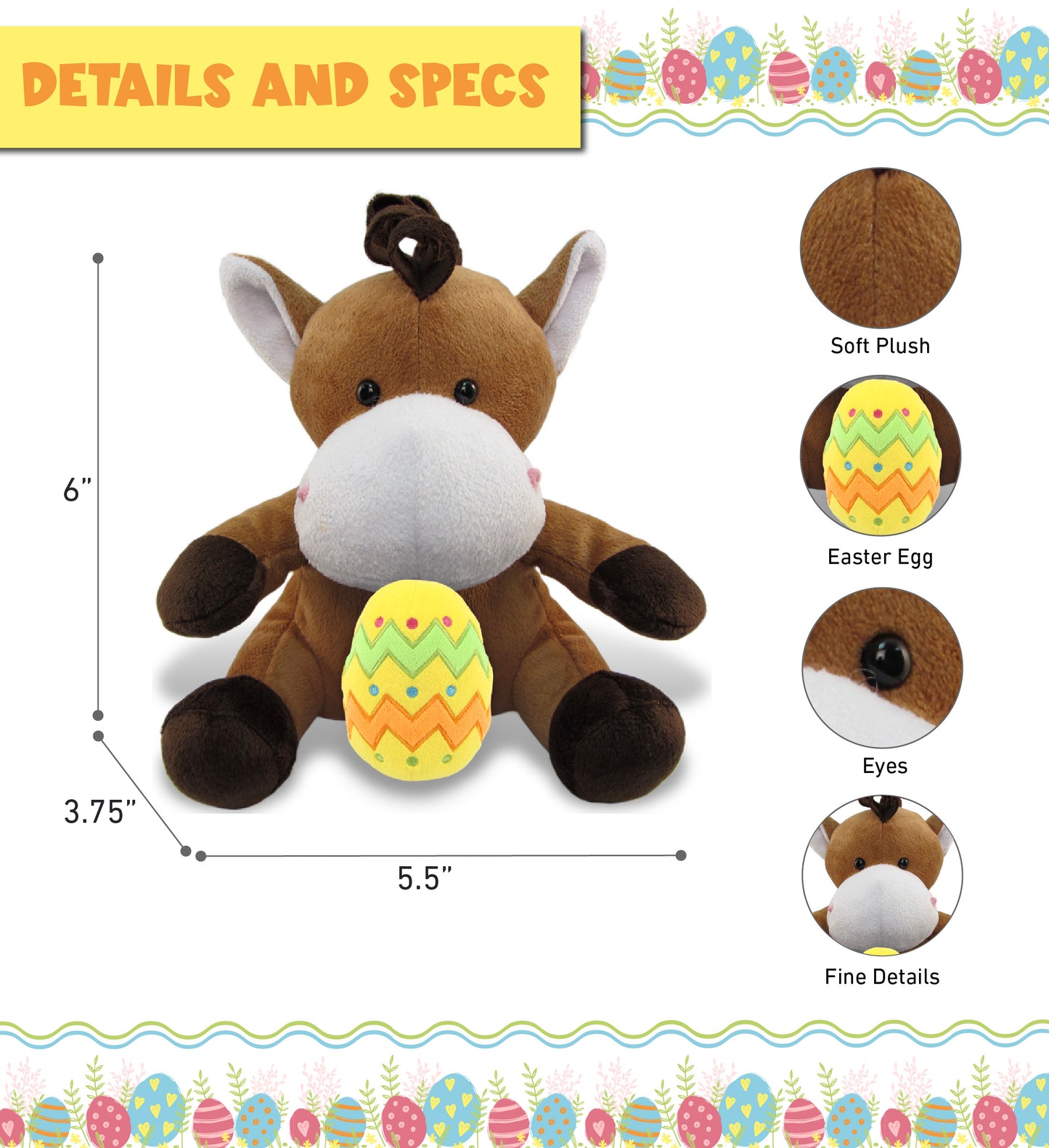 DolliBu Soft Cute Stuffed Animal Horse with Yellow Easter Egg Plush - 6 Inches