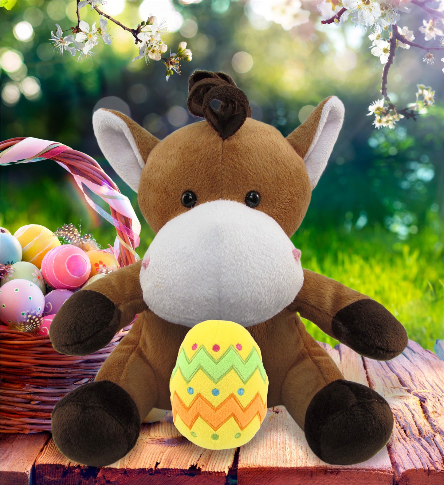 DolliBu Soft Cute Stuffed Animal Horse with Yellow Easter Egg Plush - 6 Inches