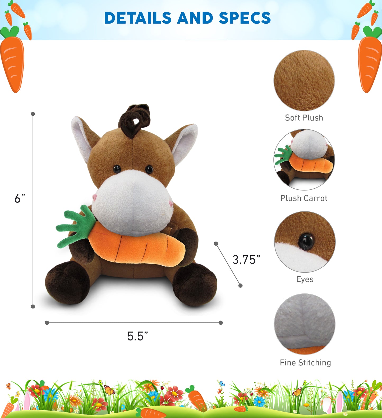 DolliBu Happy Easter Super Soft Plush Horse with Carrot Plush Toy - 6 Inches