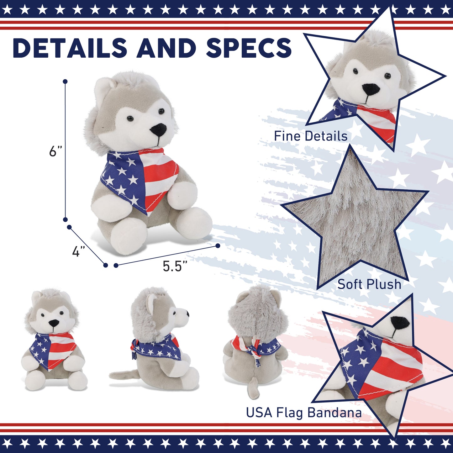 6" PLUSH - WOLF WITH USA BANDANA