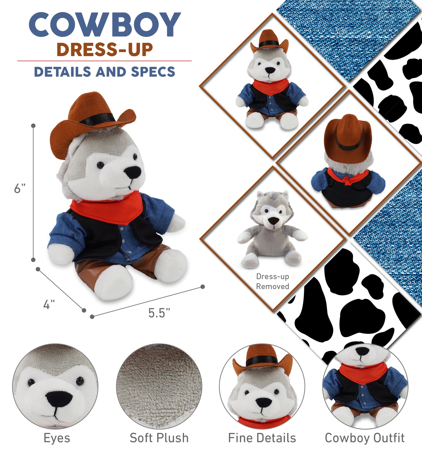 6" PLUSH - WOLF COWBOY DRESS UP