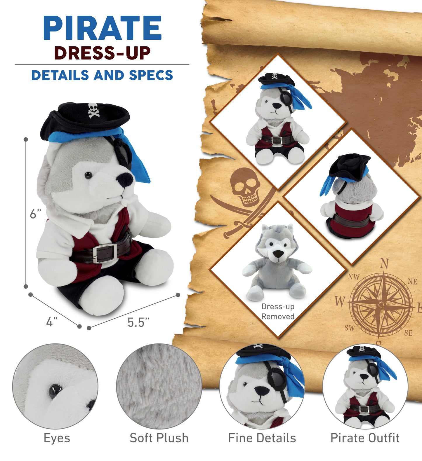 6" PLUSH - WOLF WITH PIRATE DRESS UP