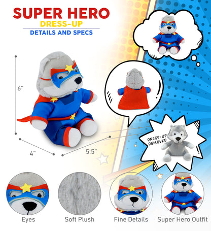 6" PLUSH - WOLF WITH SUPER HERO DRESS UP